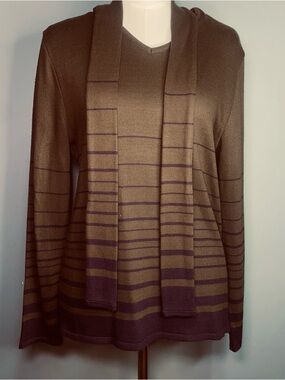 Leslie Fay Army Green & Purple V-Neck Striped Sweater with Attached Scarf Size P